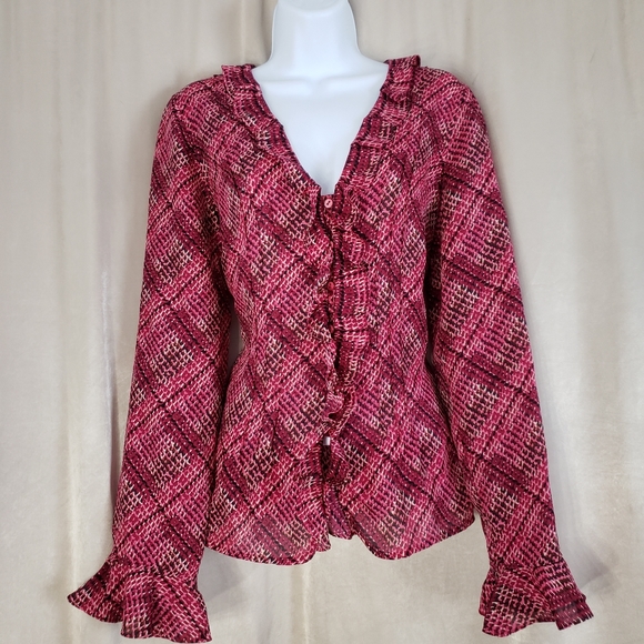 NWOT i.e. pink digital print ruffled silk button down blouse Womens Medium - Picture 7 of 7